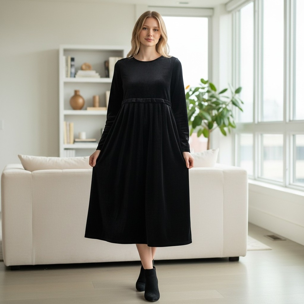 Jones New York Sport Velvet Midi Dress Women S Black Long Sleeve Goth Holiday